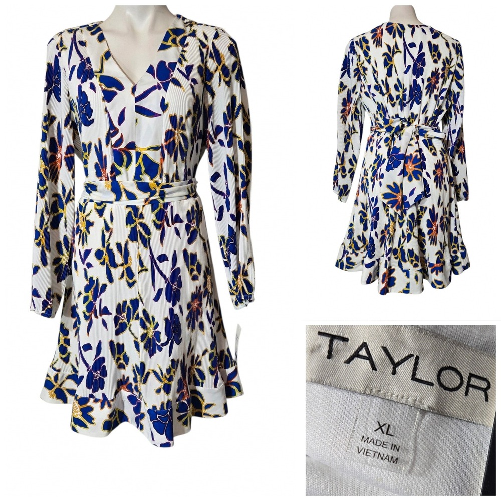 Taylor Floral Pleated V-Neck Fit and Flare Dress Blue Yellow White XL NWT